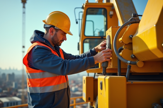 Ouvrier inspectant le systeme hydraulique d'une grue jaune