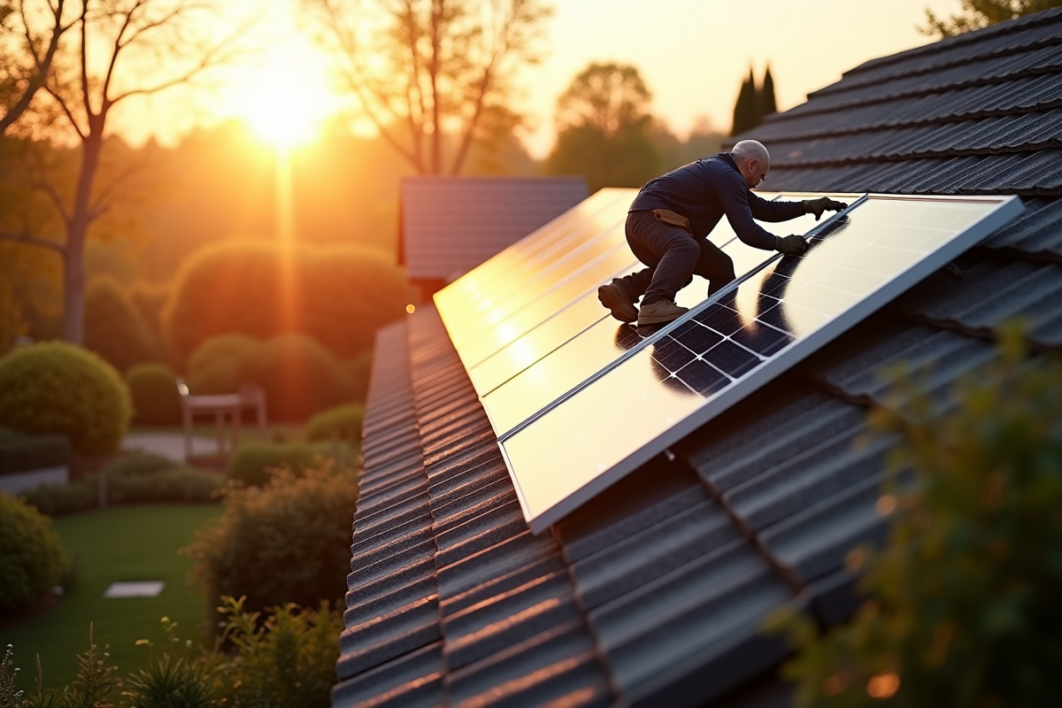 Technicien installant panneaux solaires sur une maison en été