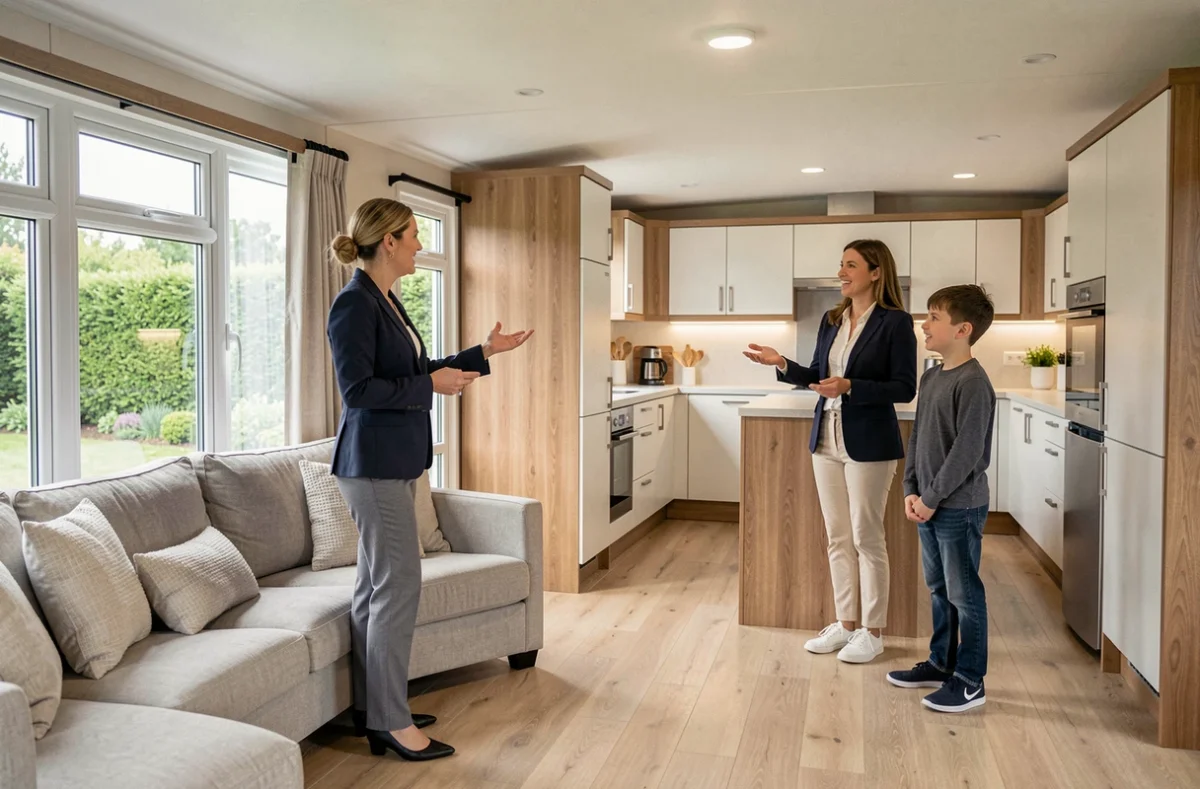 Intérieur spacieux d'un mobil-home moderne présenté par une vendeuse à une famille dans un showroom