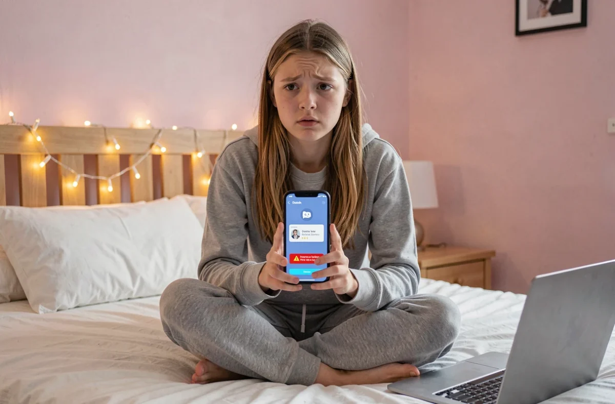 Adolescente sur son téléphone recevant une invitation suspecte sur Discord, représentant les dangers des faux serveurs pièges