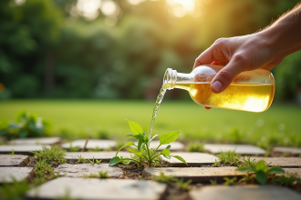 Main de jardinier versant du vinaigre sur des mauvaises herbes entre pavés