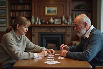 Femme et homme concentrés jouant au bridge dans un bureau cosy