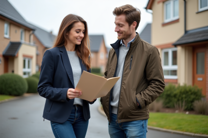Jeune couple devant une maison neuve en discussion