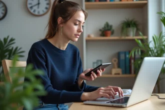Jeune femme au bureau avec calculatrice et ordinateur