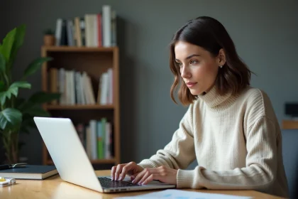 Jeune femme concentrée travaillant sur un ordinateur dans un bureau moderne