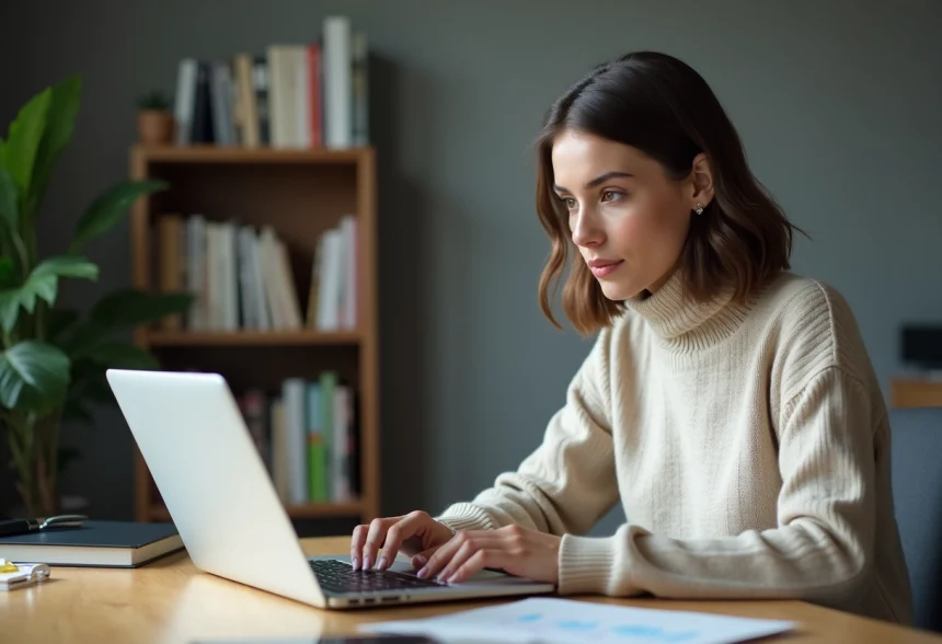 Jeune femme concentrée travaillant sur un ordinateur dans un bureau moderne