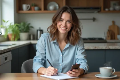 Jeune femme souriante prenant des notes en cuisine