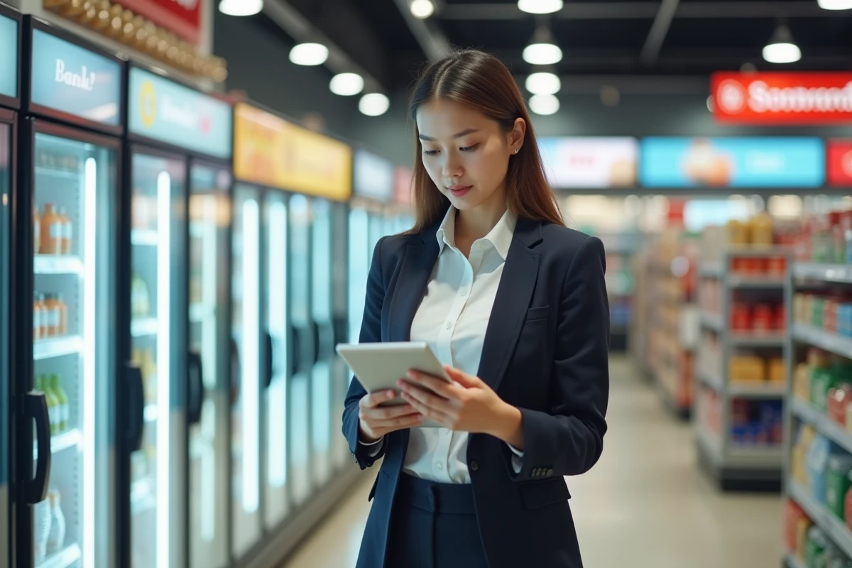 Jeune femme inspectant un tableau dans un supermarché lumineux