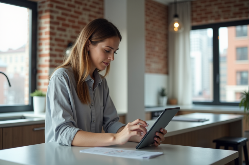 Jeune femme professionnelle consulte annonces immobilières