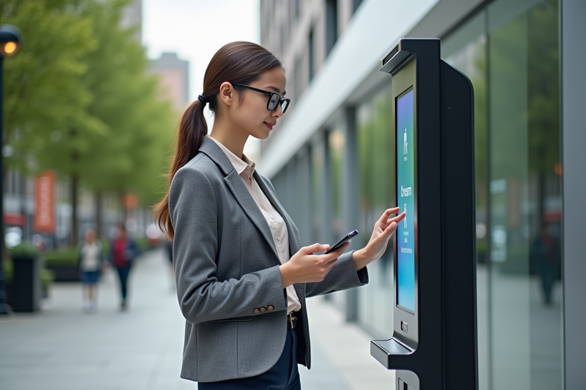 Jeune femme en tenue décontractée utilisant un kiosque bancaire en ville