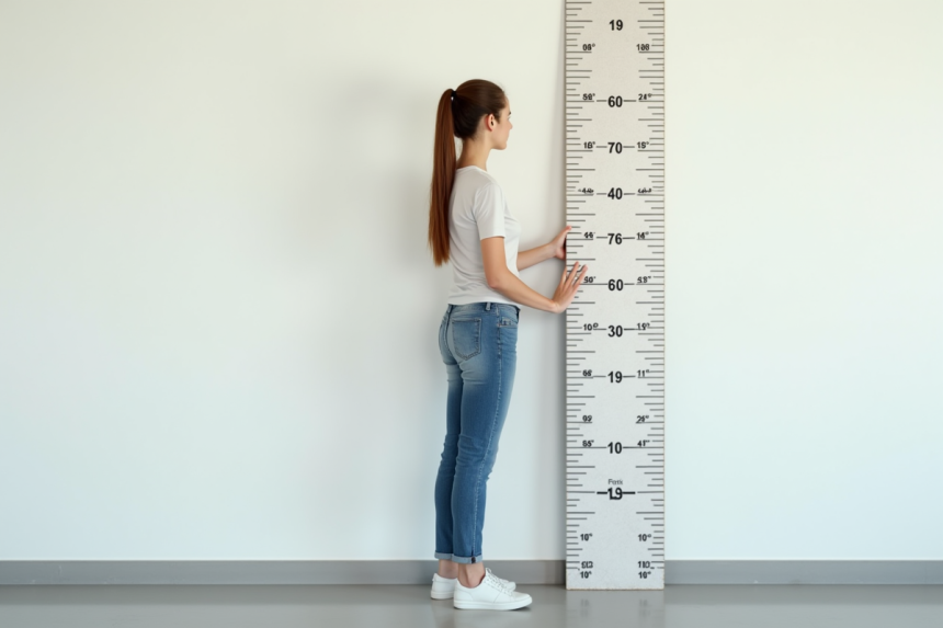 Jeune femme avec un tableau de mesure sur un mur blanc