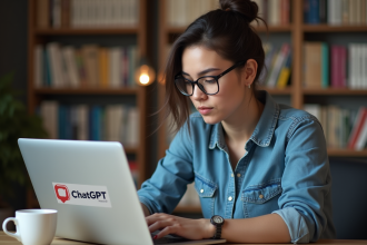 Jeune femme en denim utilisant un ordinateur avec logo ChatGPT