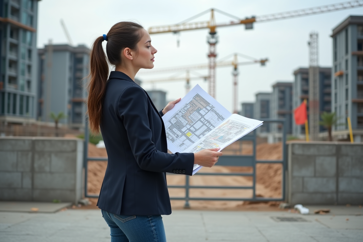 Jeune femme professionnelle regardant un plan de zonage en extérieur