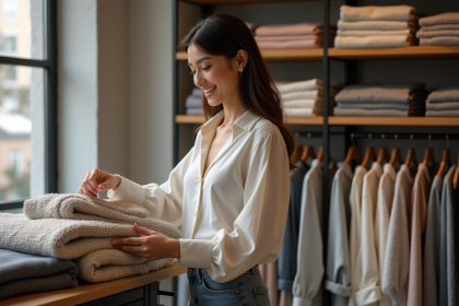 Jeune femme examinant des tissus dans une boutique élégante