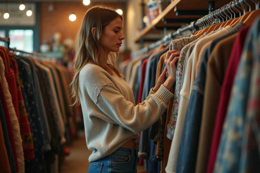 Jeune femme regardant des vêtements vintage dans une friperie