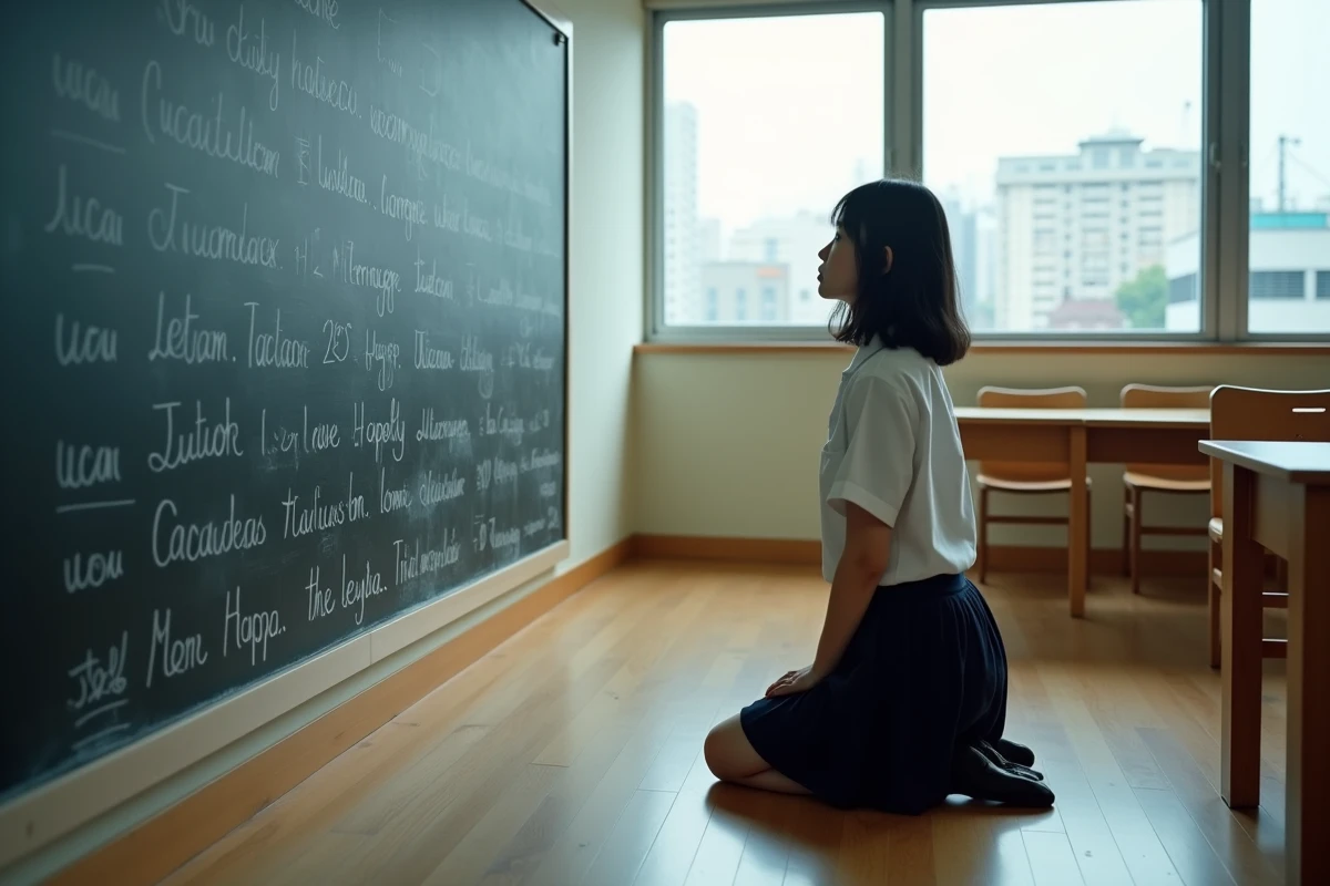 Jeune fille japonaise dans une classe regardant un mur de messages