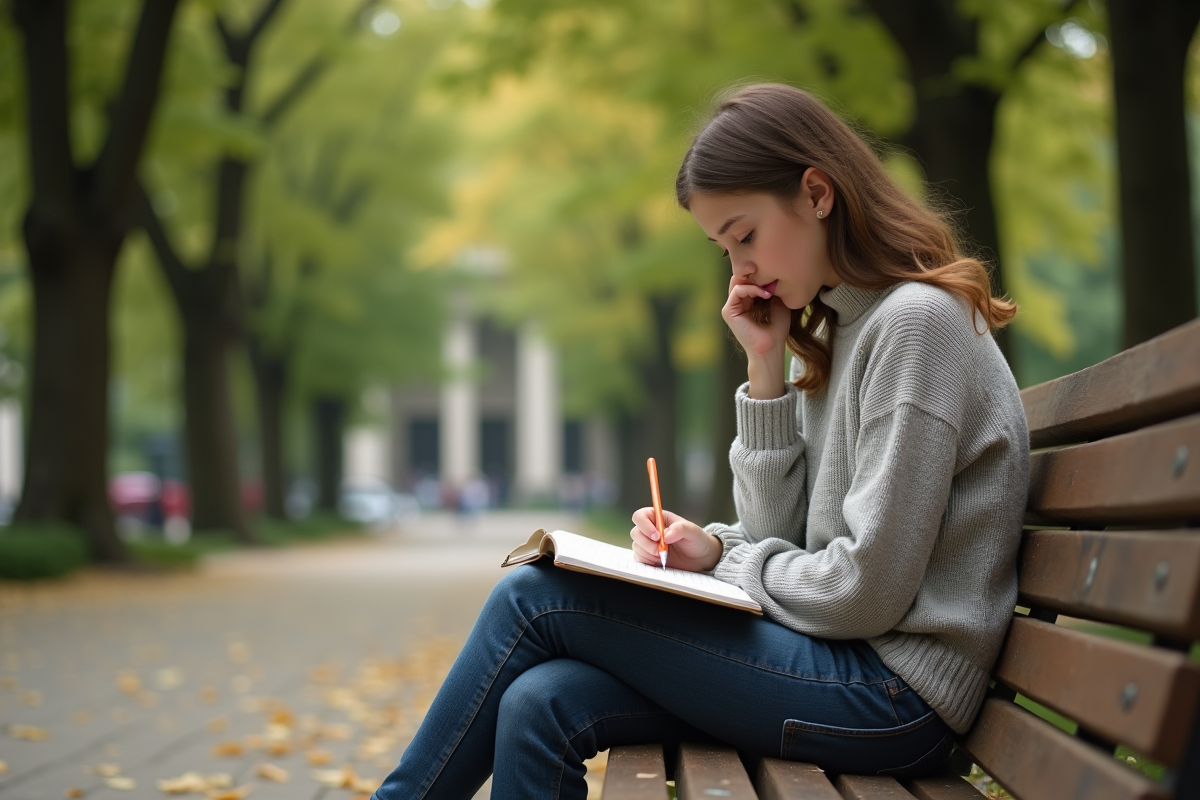 Adolescente écrivant dans un carnet sur un banc dans un parc