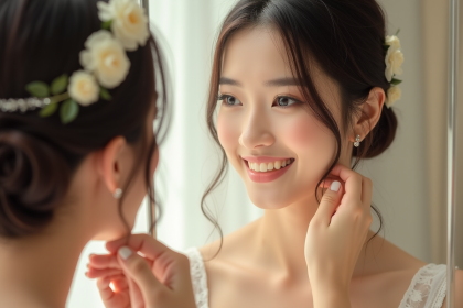 Mariée avec coiffure au carré ajustant un accessoire floral
