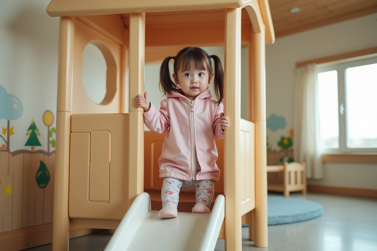 Jeune fille en raincoat pastel dans une salle de jeux intérieure