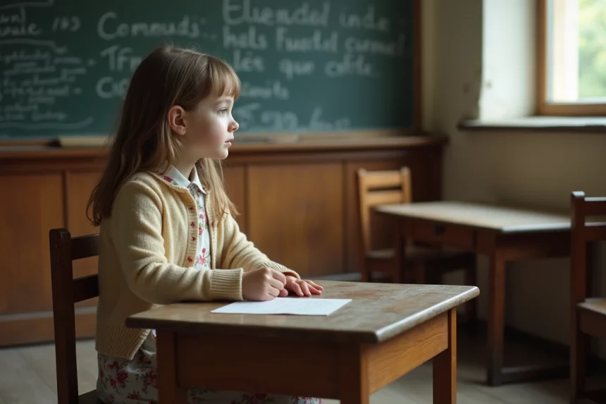 Jeune fille assise à une vieille école française années 80