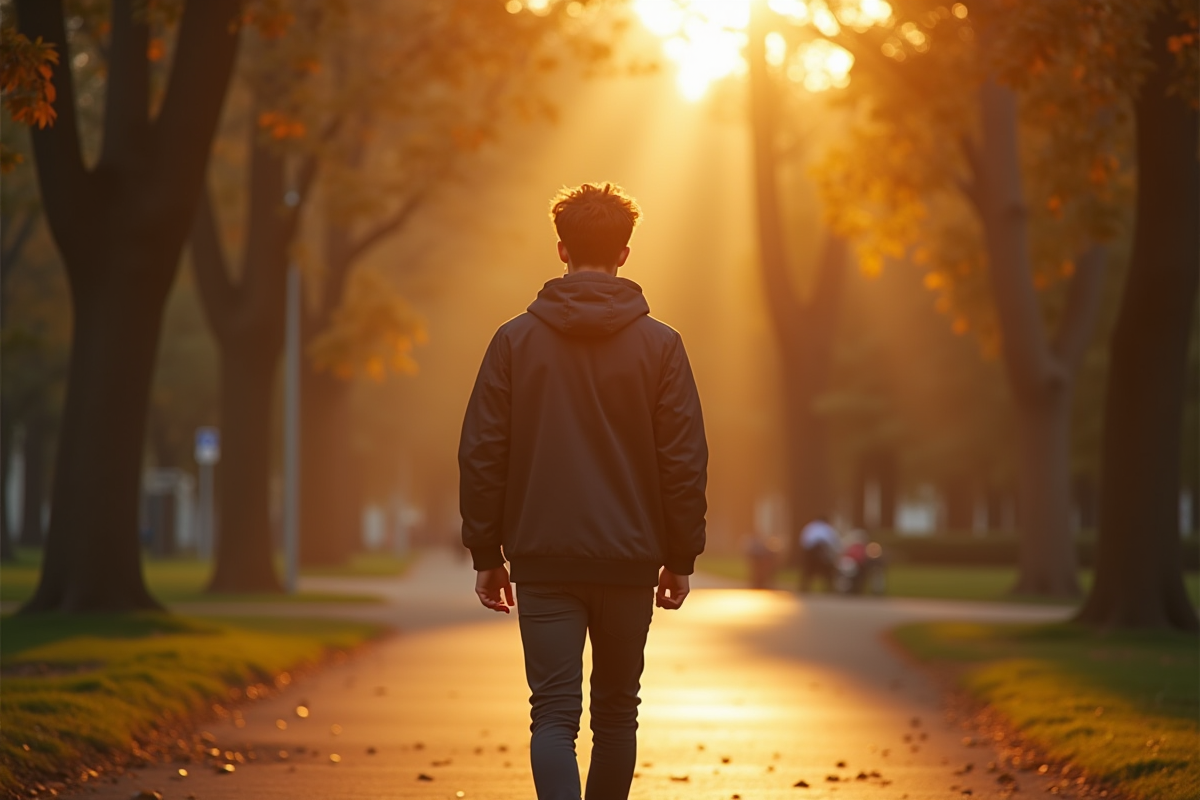 Jeune homme contemplatif marchant dans un parc en fin d