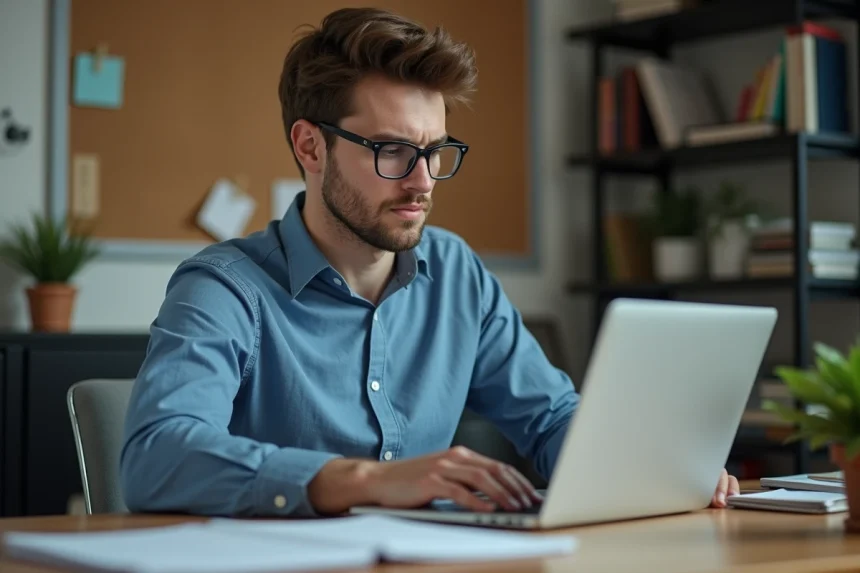 Jeune homme en bureau à domicile travaillant sur son ordinateur