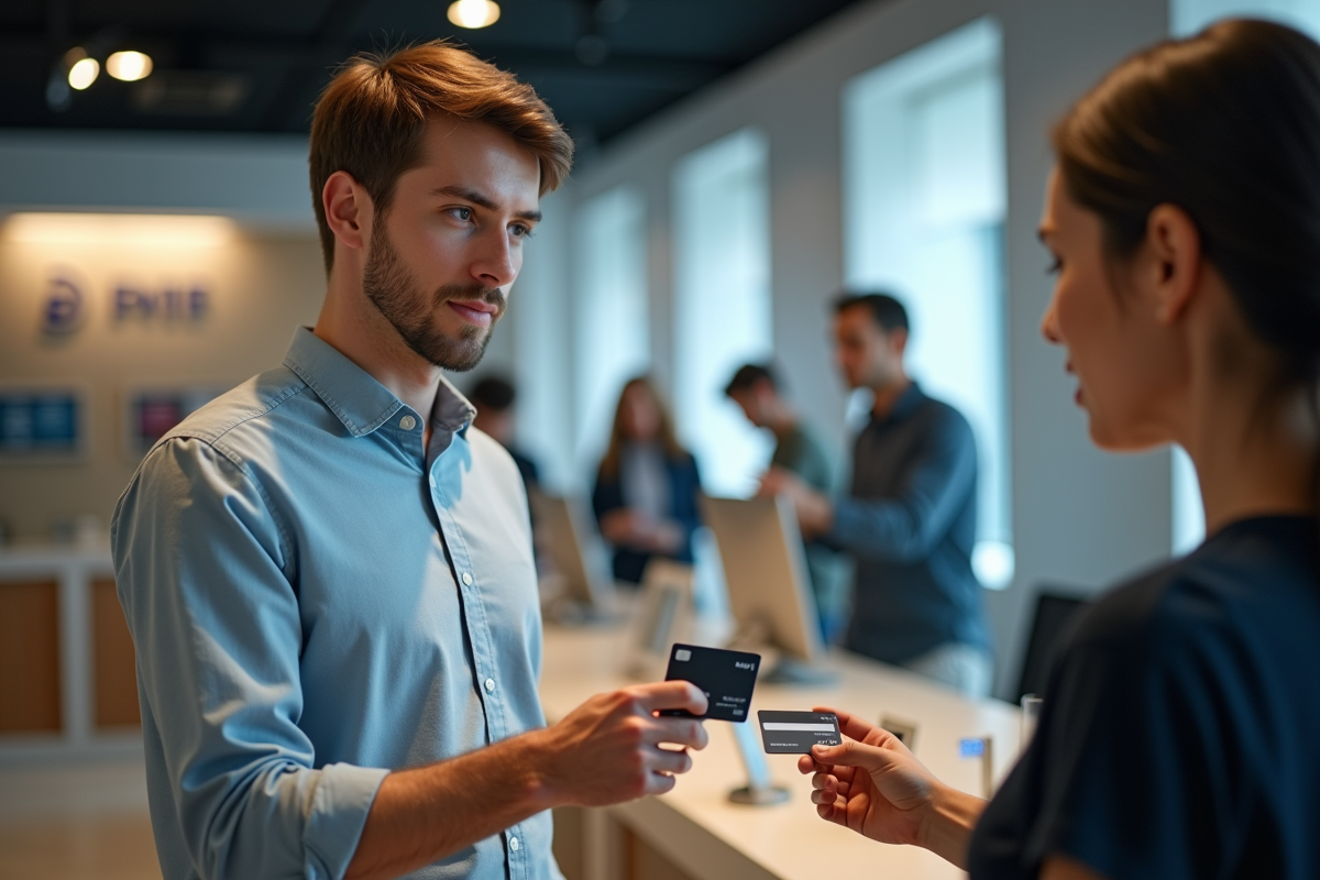 Jeune homme reçoit ses cartes bancaires au guichet bancaire