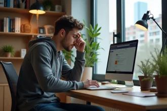 Jeune homme frustré devant son ordinateur dans un bureau moderne