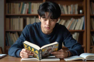 Jeune homme lisant des mangas dans un bureau cosy