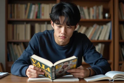 Jeune homme lisant des mangas dans un bureau cosy