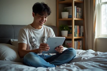 Jeune homme lisant manga sur tablette dans sa chambre