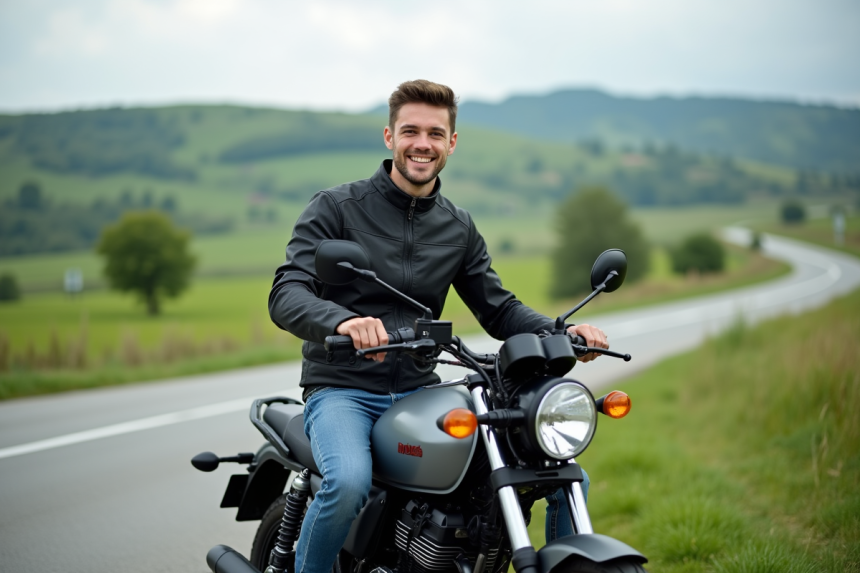 Jeune homme souriant sur une moto 125cc en pleine nature