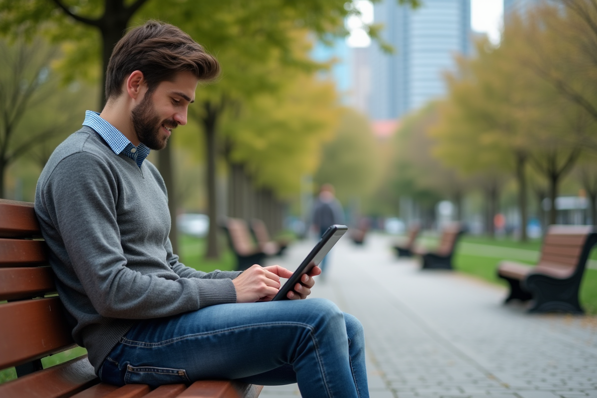 Jeune homme sur un banc de parc utilise une tablette