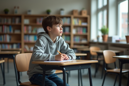 Adolescent pensif dans une classe vide regardant par la fenêtre