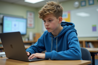 Jeune lyceen concentré travaillant sur un ordinateur portable en classe