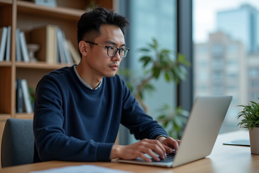 Jeune homme en bureau moderne travaillant sur son ordinateur