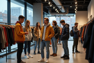 Jeunes adultes portant du streetwear dans un magasin moderne
