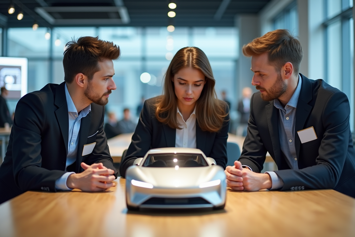 Jeunes ingénieurs examinant un modele de voiture futuriste