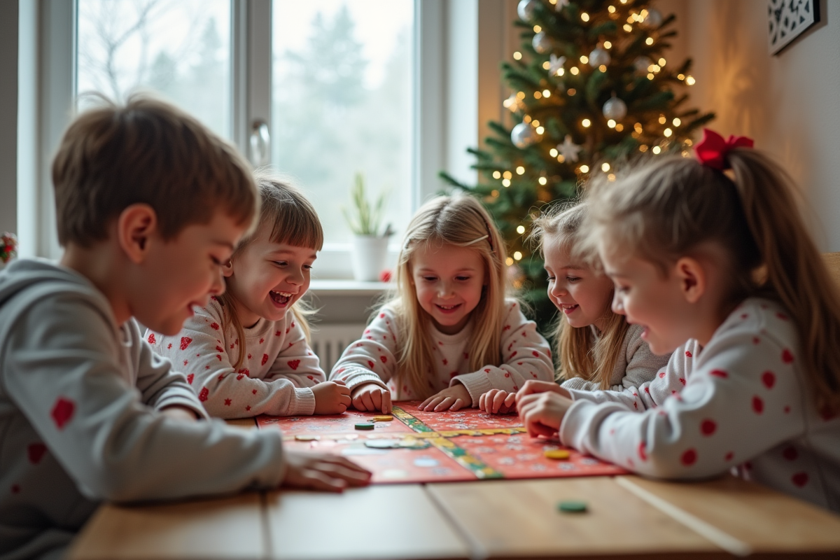 Enfants jouant à un jeu de société hivernal