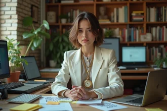 Femme déguisée en Lapin Blanc d'Alice au Pays des merveilles à un bureau moderne couvert de mèmes et d'écrans d'ordinateur