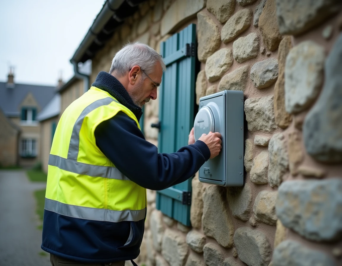 Électricien Le Corre Jacques inspectant un compteur électrique extérieur sur une maison en granit bretonne à Brest