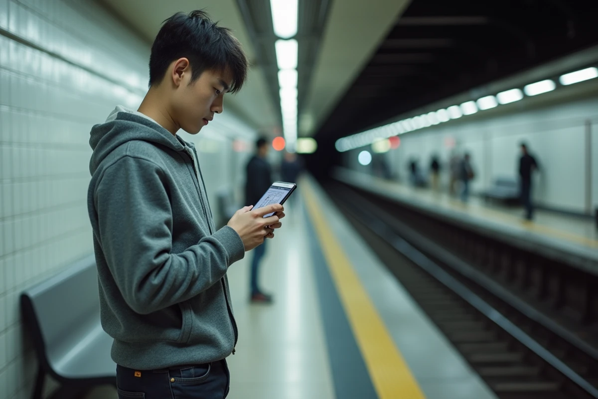Jeune homme consultant des scans de Blue Lock sur mobile dans le métro