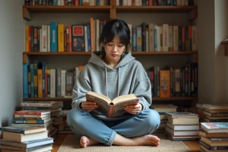 Jeune femme lisant un manga parmi une collection de volumes empilés sur le sol d'une bibliothèque personnelle