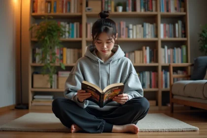 Jeune femme lisant un manga en français dans une chambre cosy entourée de livres manga