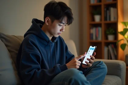 Jeune homme lisant des scans de manga Blue Lock sur smartphone depuis son canapé