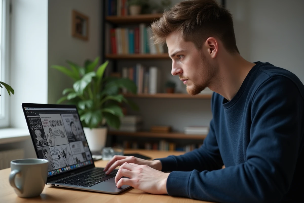 Jeune homme lisant des scans de manga en français sur un ordinateur portable à son bureau