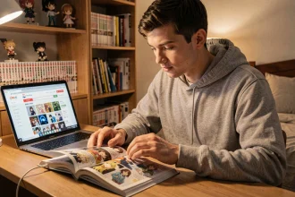 Jeune homme lisant des scans de manga One Piece sur son bureau avec un ordinateur portable ouvert sur un site de la communauté