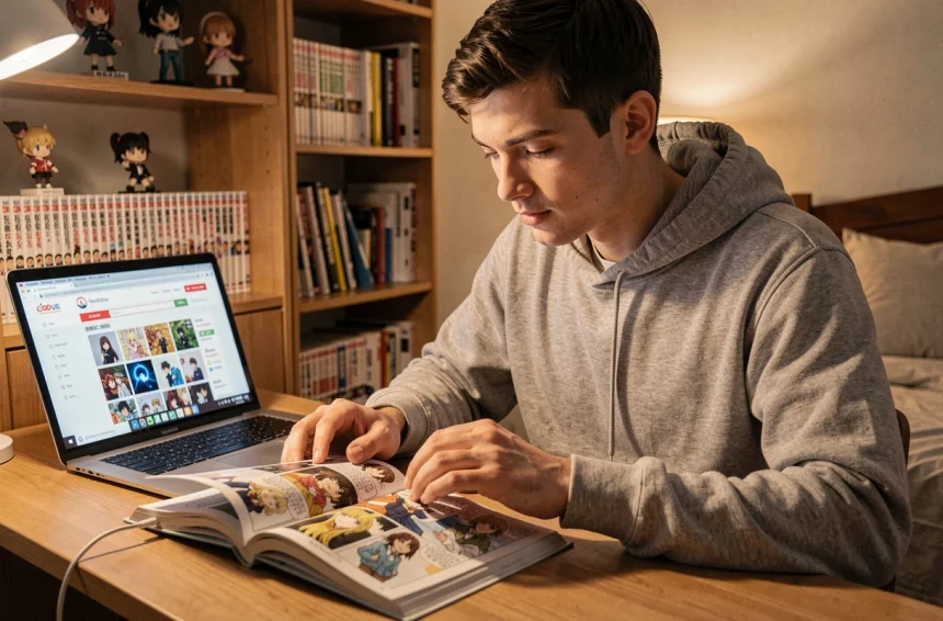 Jeune homme lisant des scans de manga One Piece sur son bureau avec un ordinateur portable ouvert sur un site de la communauté
