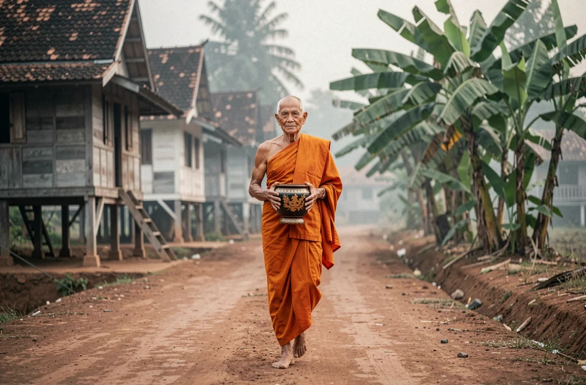 Moine bouddhiste Luang Por effectuant la collecte d'aumônes traditionnelle au lever du jour dans un village rural thaïlandais entouré de maisons en bois et de végétation tropicale