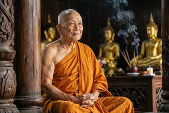 Ancien moine bouddhiste thaï Luang Por assis en méditation dans un temple en bois traditionnel avec des robes safran et des statues dorées en arrière-plan